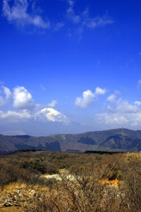 Mount Fuji seen above the plains of Owakudani in the Hakone National Park, Japan