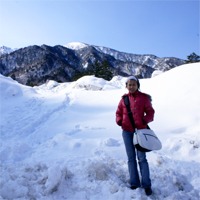 Snow piled up at busstop in the Japanese Alps, in between Matsumoto and Takayama, Japan